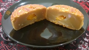 Our mooncake tasting with egg yolk in middle surrounded by lotus bean paste