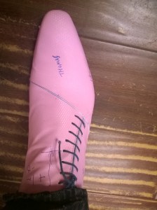 Thom's custom boot model is pink but the final product will be ombre grey