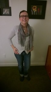 Day Three in grey tones rocking a bicycle scarf