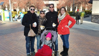 Braving the cold at the Bowls fundraiser-Thom & I, James & Hannah and Mia